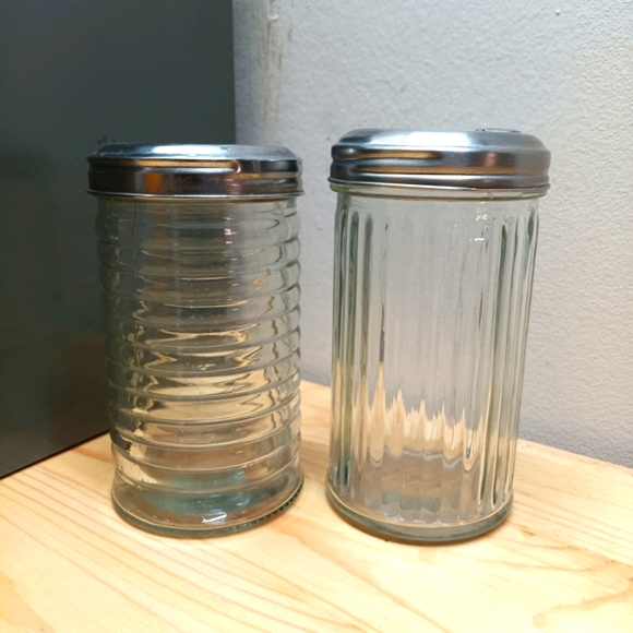 Set of Two Clear Glass Shakers with Silver Lids - Picture 1 of 4